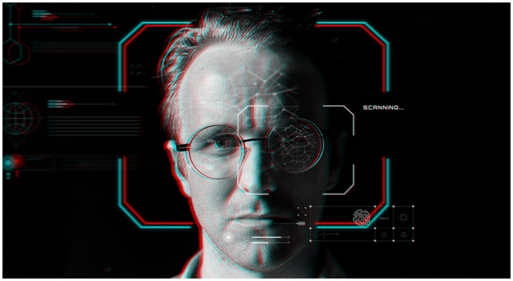 man wearing smart glasses virtual scanning technology glitch effect