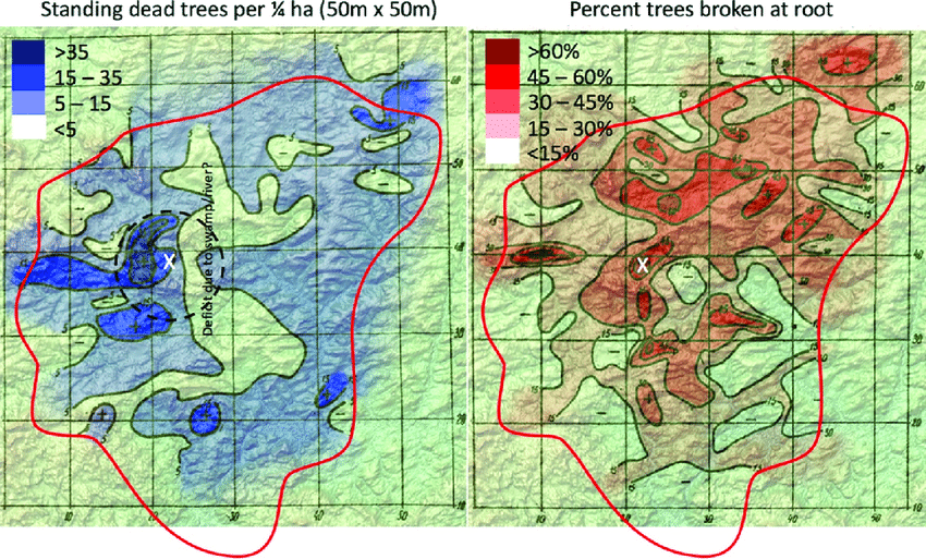 Standing dead trees per quarter hectare and percent of trees broken at root from Fast